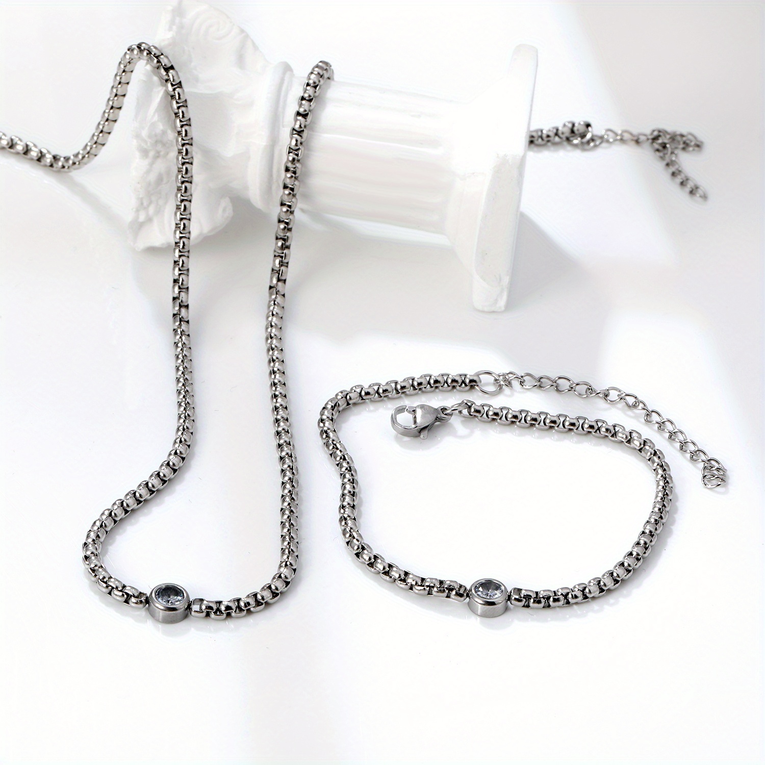 2pcs 316 Stainless Steel Square Necklace and Bracelet Set with Pendant Chain